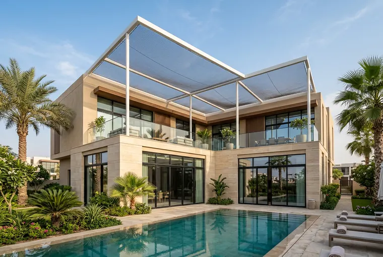 Villa with protective net canopy (concept visualization)
